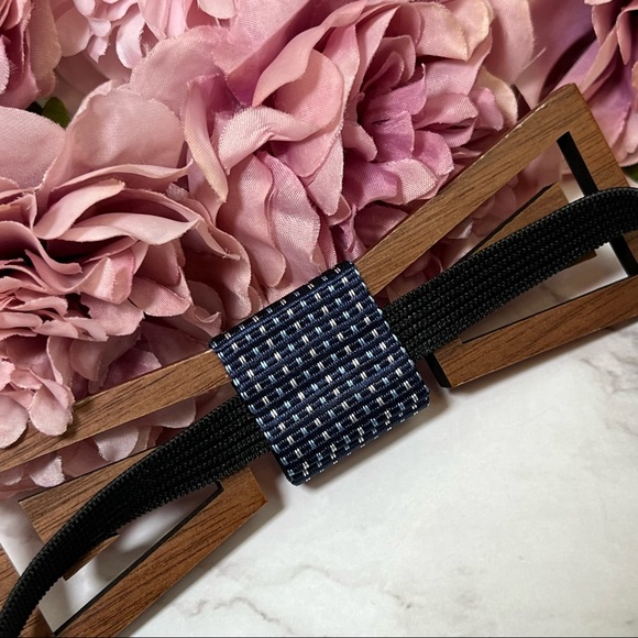 Handmade Wood Butterfly Bow Tie Cufflinks Navy Blue Pocket Square Set - Picture 10 of 16